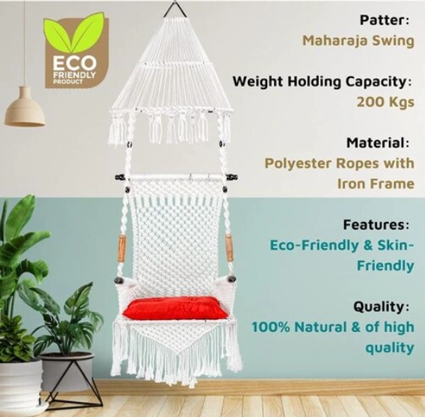 The Elegant Curio Centre Premium Maharaja Hanging Swing - White with Polyester Ropes & Mild Steel Frame Chair with Heavy Duty Stainless Steel Hanging Accessories And Cushion has a unique design, - Free Size, White, Polyester Rope With Iron Frame, Pack of 1